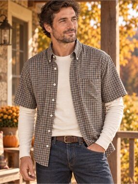 Old River Vintage Men 16.5 Plaid Short Sleeve Cotton Button Down Shirt Y2K Layer